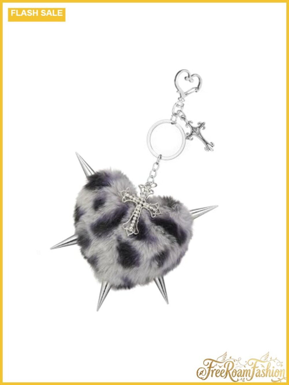 Punk Plush Heart Keychain with Cross Charm Faux Fur Bag Purse Charm